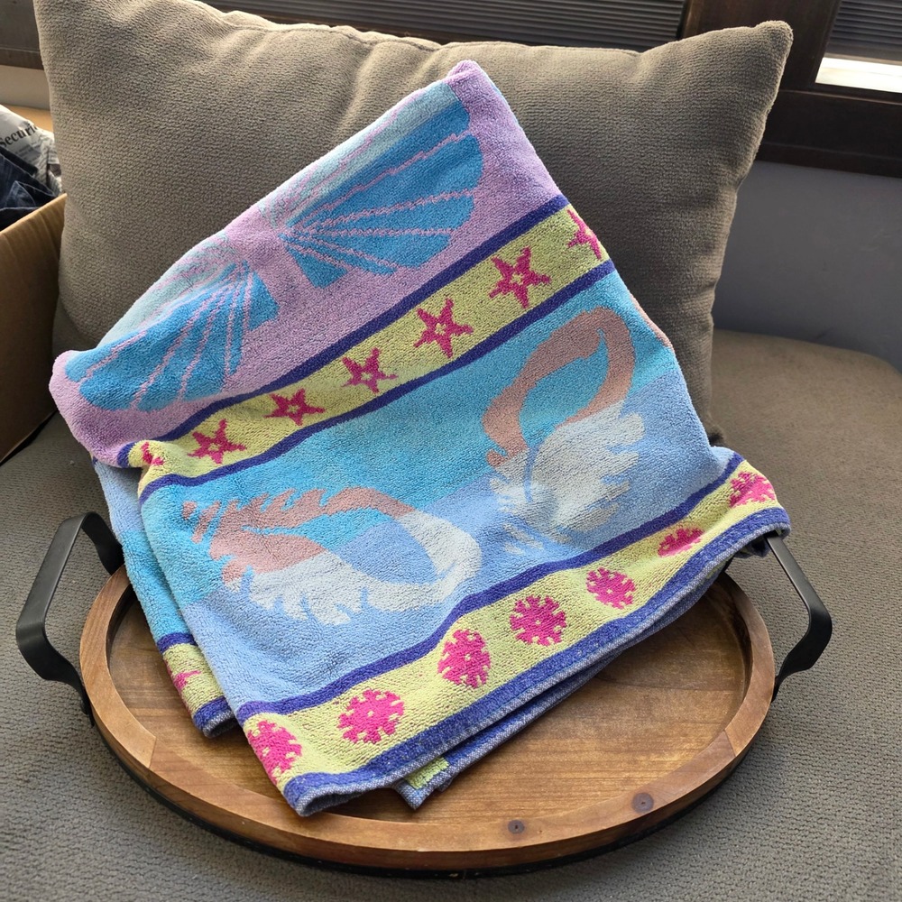 Vintage Buddemeyer Beach Towel Pink Blue Seashell Starfish 100% Cotton Towel